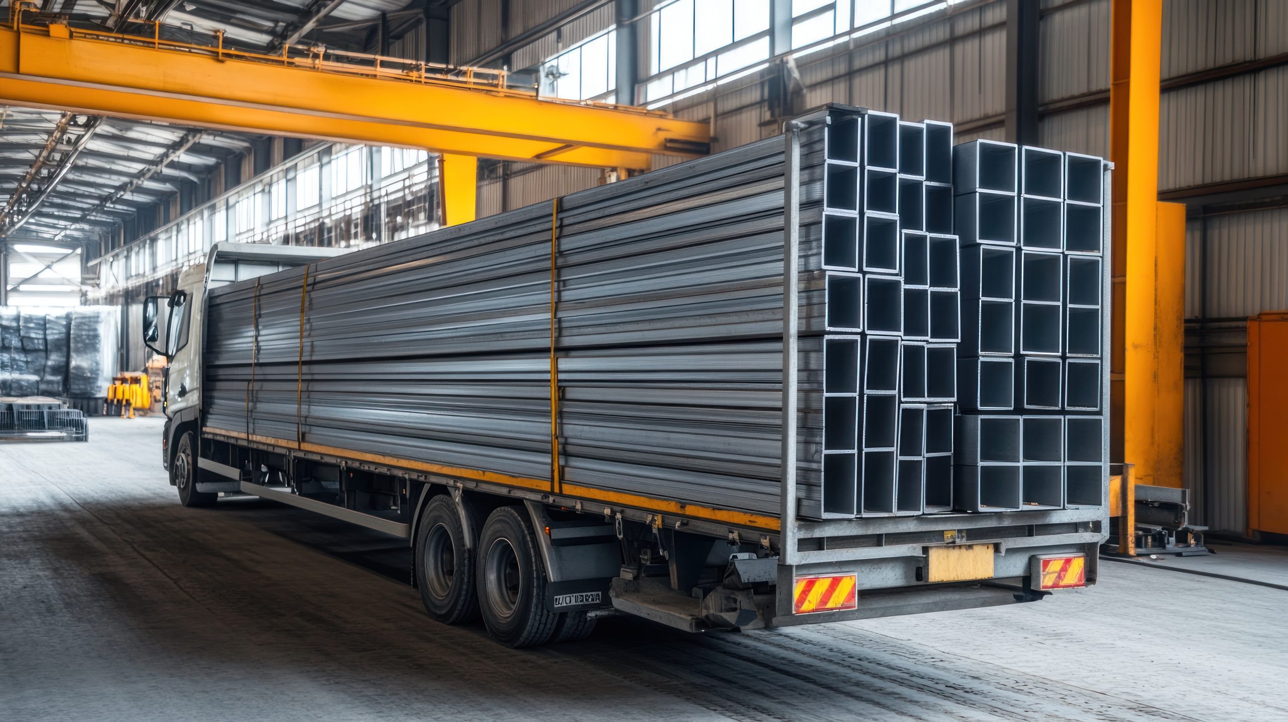 Truck transporting steel tubing