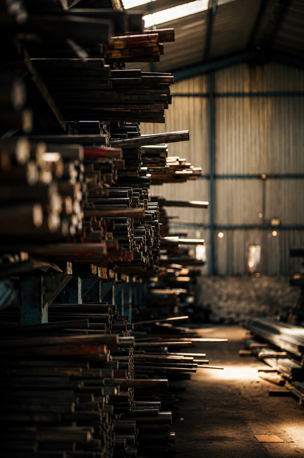 Steel rods stored in warehouse